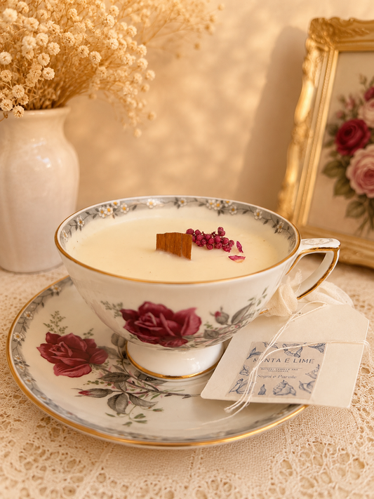 Candela in tazza vintage inglese con rose rosse